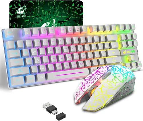 Vista 10 de Combo de teclado y mouse inalámbricos para juegos con retroiluminación LED arcoíris sin llave de 87 teclas, batería recargable de 3800 mAh, Negro