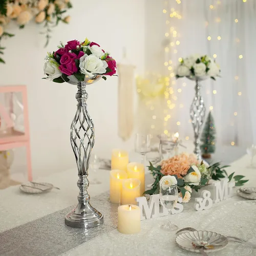 Vista 33 de 2 piezas de centros de mesa de boda para mesas de recepción, soportes de velas retorcidas, adornos, centros de mesa de metal con jarrón de flores