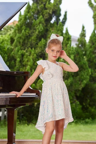 Vista 7 de GRACE KARIN Vestido de lentejuelas de un hombro para niñas, vestido de fiesta alto y bajo para 5-14 años