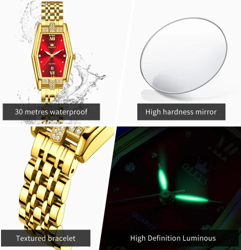 Vista 5 de OLEVS Reloj para mujer de acero inoxidable dorado, vestido de moda, analógico, de cuarzo, luminoso, impermeable, reloj Wrsit para mujer
