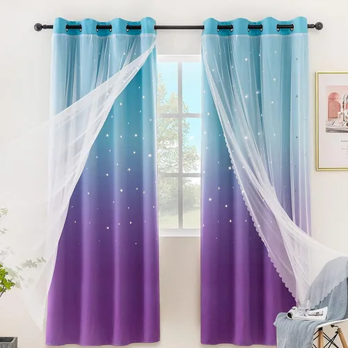 Vista 12 de Stiio Cortinas con Recortes de Estrella para Dormitorio de Niñas, 2 Paneles, Cortinas Opacas 2 en 1 que Bloquean la Luz con Cortinas de Ventana