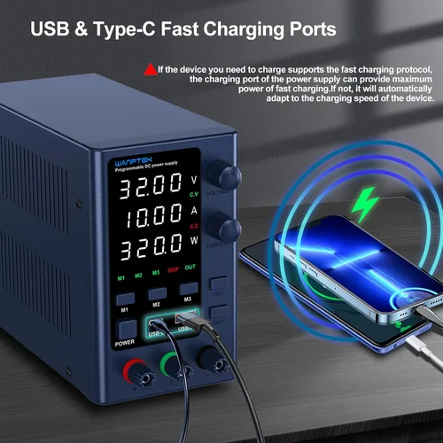 Vista 4 de Fuente de alimentación DC variable 0-32V 0-10A, bancos de alimentación ajustables con almacenamiento de memoria/USB-A y tipo-C de carga rápida/OCP