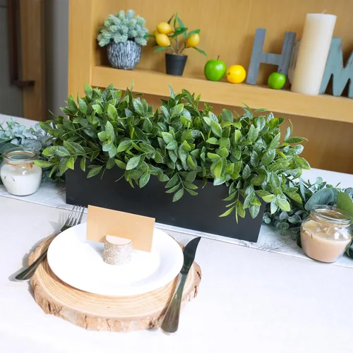 Vista 9 de Winlyn Planta de boj artificial de 14 pulgadas, arreglo de vegetación de boj sintético en negro, maceta rectangular de madera en maceta, planta