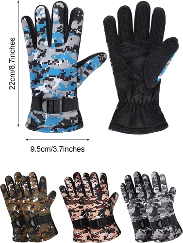 Vista 3 de Hicarer 4 pares de guantes de invierno para niños, impermeables, guantes de esquí de nieve, ropa de camuflaje unisex para clima frío para niñas