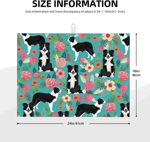 Vista 2 de Tapete de secado de platos para encimera de cocina, tapete escurridor antideslizante Border Collie Florals, almohadilla de secado de platos