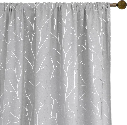 Vista 93 de BUHUA Cortinas pequeñas para ventana de 36 pulgadas de largo, 2 paneles, cortinas opacas con elegantes ramas de árbol plateadas, cortinas de bloqueo