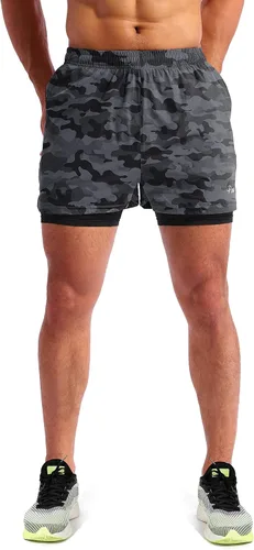 Vista 2 de Pudolla Mens 2 in 1 Running Shorts 5" Quick Dry Gym Athletic Workout Shorts for Men with Phone Pockets
