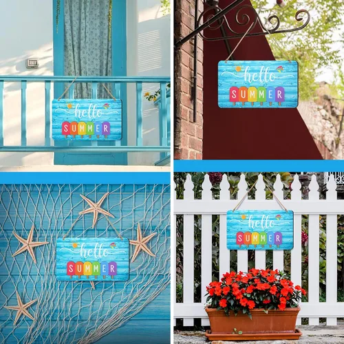 Vista 6 de Letrero de verano con texto en inglés «Hello Summer» para puerta delantera, decoración de bienvenida, letrero colgante para puerta de casa de campo