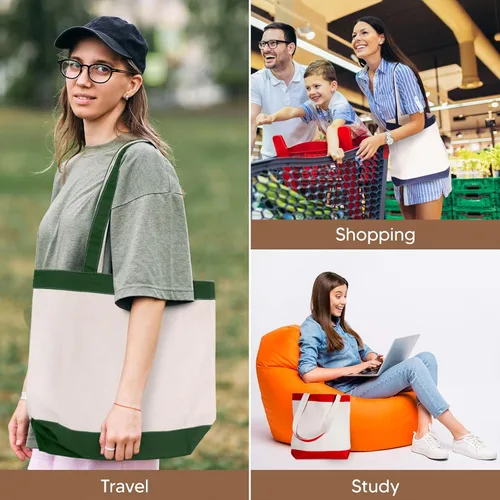 Vista 7 de Bolsa de lona con asas para mujer, bolsa de tela reutilizable para comestibles y compras a granel, bolsa de algodón en blanco, adecuada