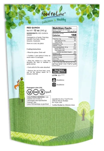 Vista 2 de Food to Live Quinua roja, 12 onzas de semillas integrales antiguas, crudas, germinables, kosher, veganas, sirtfood, a granel. Cocción rápida