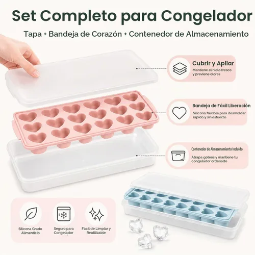 Vista 3 de 2 paquetes de bandejas para cubitos de hielo en forma de corazón con tapas y compartimentos, moldes de hielo con caja de almacenamiento de hielo, 48
