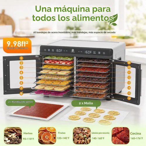 Vista 4 de HOPERAN Dual Zone Food Dehydrator, 16 Stainless Steel Trays, 1200W, Silver