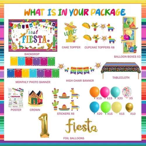 Vista 2 de Decoraciones de cumpleaños de primera fiesta, temática mexicana, decoración de fiesta de 1er uno, telón de fondo, globo, foto mensual, cartel