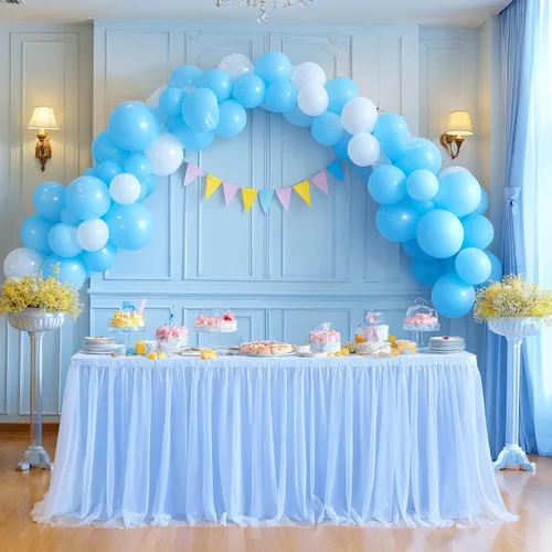 Vista 11 de Suppromo Pack de 2 faldas de mesa de tul azul de 6 pies para mesas rectangulares o redondas, mantel de tul azul para baby shower, cumpleaños