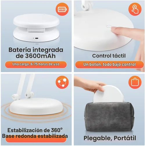 Vista 5 de Lámpara recargable inalámbrica con pilas, 3600 mAh, lámpara de mesa LED inalámbrica de 10 brillo, pequeña mini luz portátil con pilas para oficina
