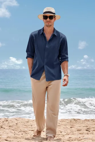 Vista 4 de Camisa de lino guayabera para hombre, manga larga, casual, con botones, playa, verano, hippie, cubana, lisa, blusa