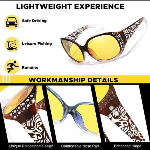Vista 4 de LVIOE Gafas de conducción de visión nocturna envolventes antirreflejos con lente amarilla polarizada para mujer