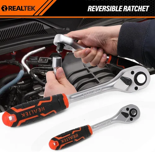 Vista 5 de REALTEK Juego de herramientas mecánicas de 100 piezas, kit de herramientas para automóvil, llave de vaso Cr-V, kit de reparación automática incluye