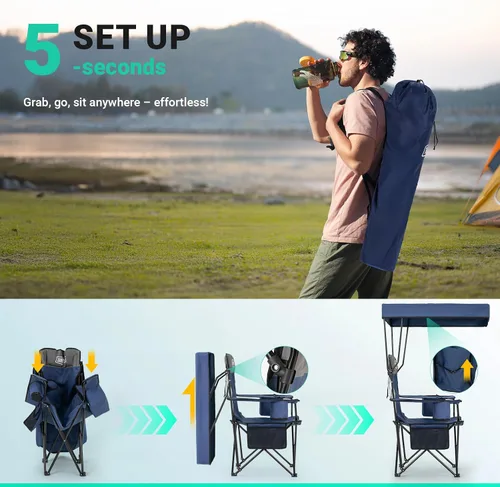 Vista 8 de Overmont - Silla de camping con toldo de 330 libras, silla de playa plegable resistente con bolsa enfriadora de 3 L, soporte de respaldo alto