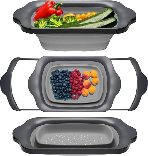 Vista 9 de Comfify Colador sobre el fregadero con asas, elegante colador de cocina de plástico negro para pasta, verduras y frutas, diseño que ahorra espacio