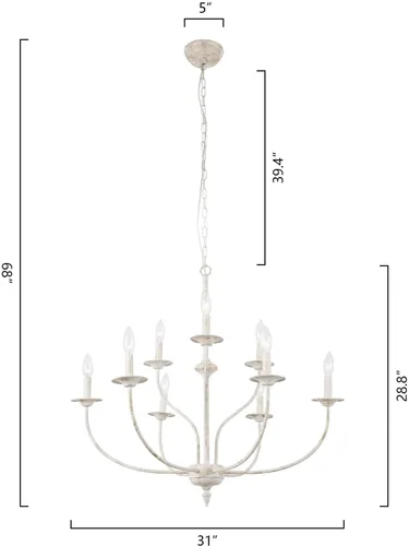 Vista 8 de Maxax Candelabro de Campo Francés, Candelabro de Granja Blanco Antiguo de 2 Niveles y 9 Luces, Accesorios de Lámpara Colgante de Vela Rústica de 31