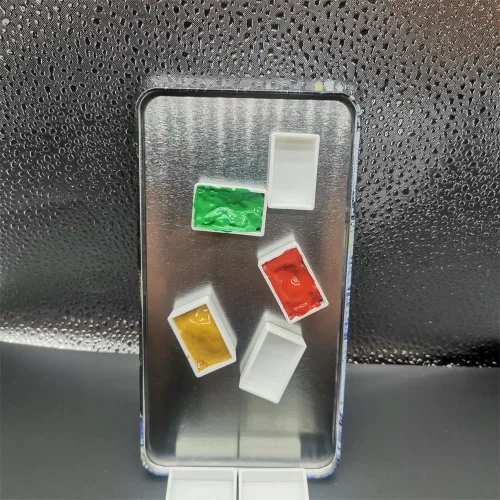 Vista 4 de Sartenes de acuarela con rayas magnéticas, 100 bandejas vacías de plástico blanco completo para pintura al óleo de acuarela o caja de lata de viaje