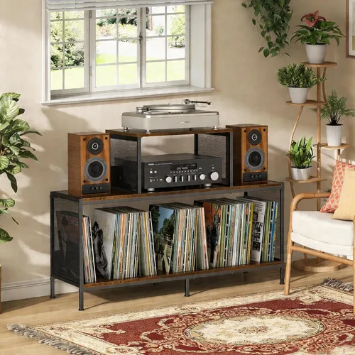 Vista 3 de Sonyabecca Espaciosa mesa de tocadiscos vintage – Capacidad para 150 – 250 álbumes de vinilo, divisores ajustables, áreas de visualización lateral