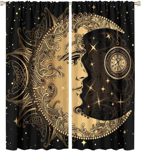 Vista 73 de Cortinas opacas con diseño de sol y luna, cuerpos celestes bohemios, con diseño de sol, luna y estrellas, para sala de estar, dormitorio, 42 x 45