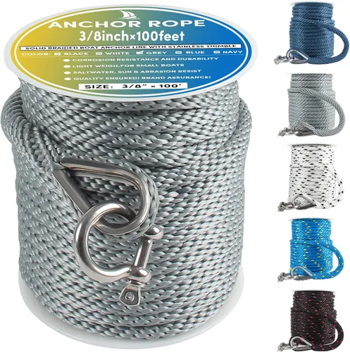Vista 27 de Cuerda de anclaje premium de 50 pies x 1/2 pulgadas, línea de anclaje trenzada sólida MFP para barco con dedal y grillete - Negro
