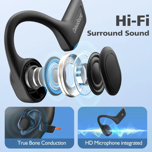 Vista 3 de Auriculares de conducción ósea, IPX7 impermeables inalámbricos deportivos, auriculares abiertos Bluetooth 5.3 con micrófono, tiempo de reproducción