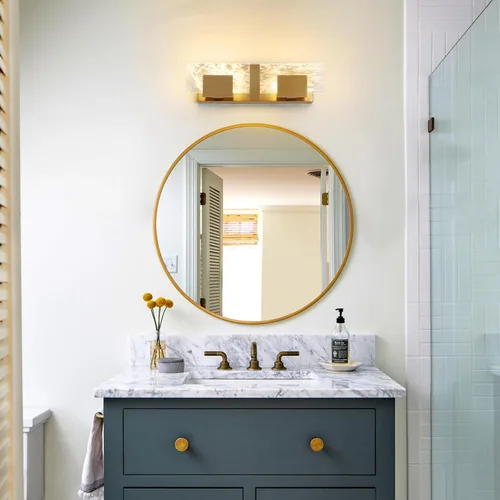 Vista 4 de Luz LED para Tocador de Baño: Accesorios de Iluminación Modernos de Acrílico en Dorado Cepillado de 16 pulgadas - 2 Luces Contemporáneas de Acabado