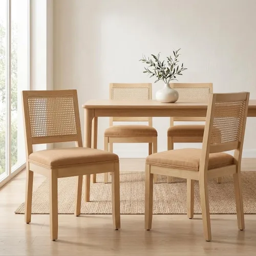 Vista 13 de French Country Dining Chairs Set of 2, Linen Upholstered Cane Back, Amber Soft linen upholstered seat with thick foam padding provides comfortable