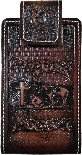 Vista 8 de Western autentic Tooled Leather Mexican Cell Phone Case for Belt. Men and Horse Pray Design. con cierre magnético. Tamaño universal (Capuccino)