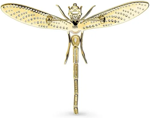 Vista 3 de BERRICLE Broche de plata de ley con botón blanco de libélula, perlas cultivadas de agua dulce, broche de moda para mujer, oro amarillo destellado