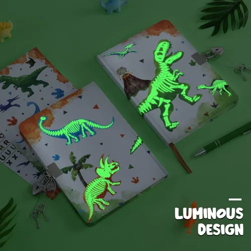 Vista 2 de WERNNSAI Diario Luminoso de Dinosaurio para Niños, Diario Secreto con Llaves de Cerradura, Cuaderno con Bolígrafo y Calcomanías, Regalo