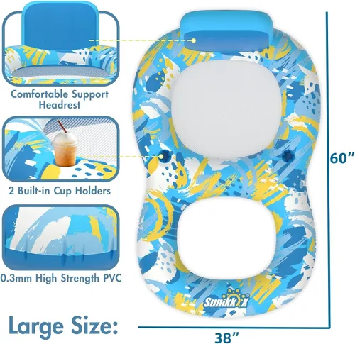 Vista 2 de Sunikko X Flotadores de piscina para adultos con respaldo y 2 portavasos, silla inflable de lujo, flotadores de silla de piscina divertidos