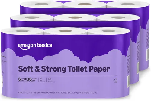 Vista 9 de Amazon Basics - Papel higiénico suave y resistente de 2 capas, 6 mega rollos = 24 rollos regulares, sin perfume, 340 hojas (6 rollos)
