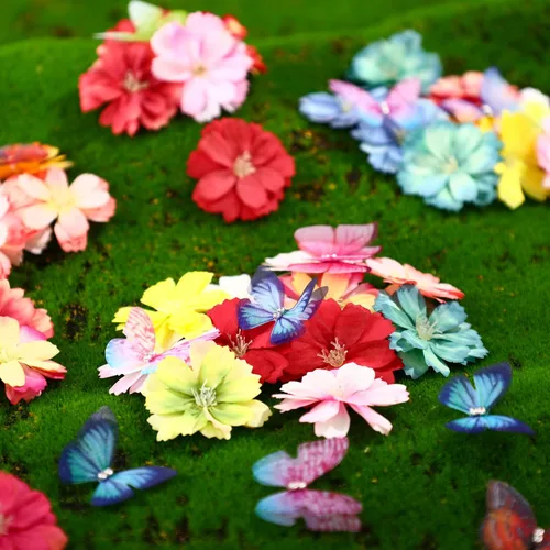 Vista 3 de Canlierr Juego de 100 mariposas de organza con cabeza floral sintética para manualidades, 50 cintas pequeñas 3D, 50 mini flores de imitación