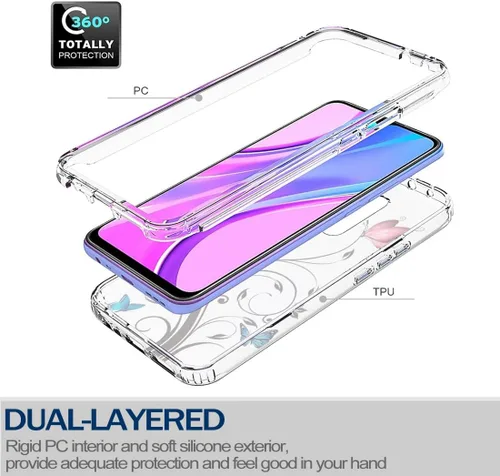 Vista 3 de Funda para Redmi 9/Redmi 9 Prime/Poco M2, carcasa rígida de protección de diseño floral de cuerpo completo + TPU a prueba de golpes con protector