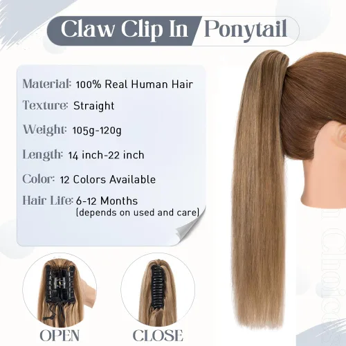 Vista 78 de Rich Choices Extensión de cola de caballo con clip de garra, cabello humano real, una pieza, extensiones de cabello largo Remy para mujer, #18P613