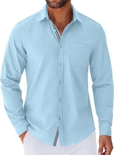 Vista 10 de COOFANDY Camisa para hombre de manga larga casual con botones, camisas sin doblar para hombre de ajuste regular