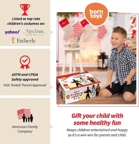 Vista 7 de Born Toys Juego de disfraz 3 en 1 para niños disfraz de pirata para niños disfraz de ninja y disfraz de astronauta para niños de 3 a 7 años con 14