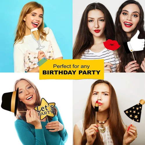 Vista 7 de Juego de 29 piezas de accesorios para cabina de fotos de cumpleaños con divertida corona, sombreros, barba y cara feliz, bigote para niños, cabina