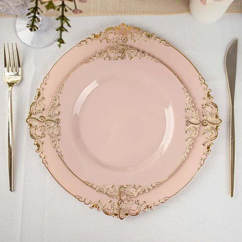Vista 10 de Efavormart - Paquete de 10 platos de postre barrocos negros y dorados de 8 pulgadas, platos de aperitivo resistentes con borde metálico en relieve