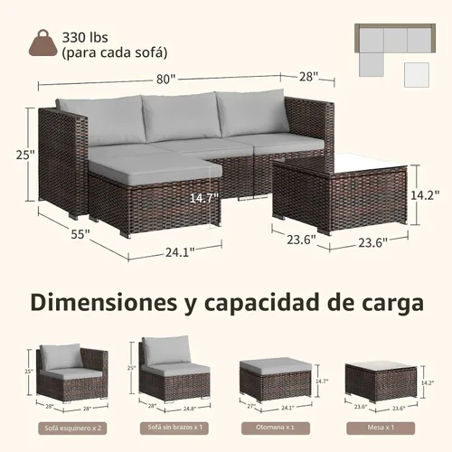 Vista 2 de Qsun Juego de sofá de patio al aire libre, sofá de conversación seccional de ratán de polietileno con una mesa de centro de cristal para patio Ratán