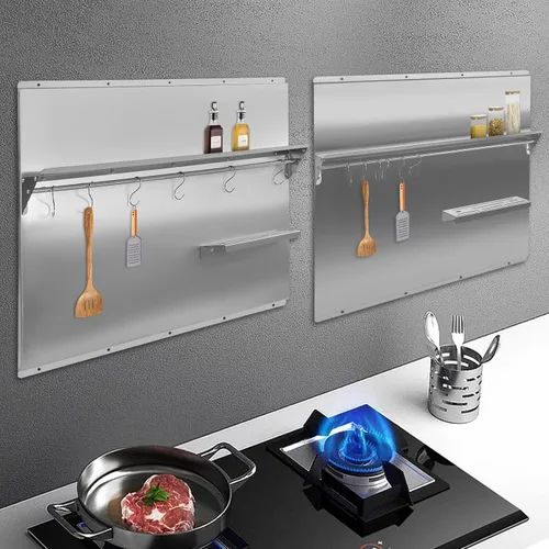 Vista 3 de Protector de pared con protector de pared de acero inoxidable para salpicaduras, con estante de almacenamiento integrado y estante colgante para uso