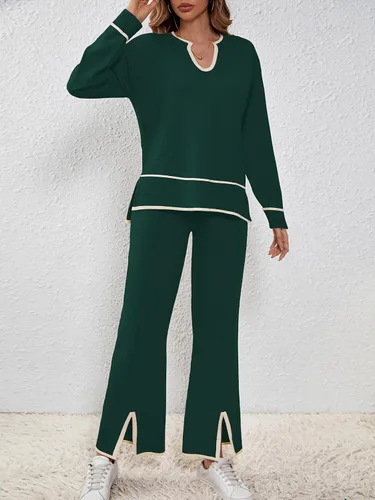Vista 2 de SuperPrity Conjunto de 2 piezas de suéter para mujer, con cuello de muesca, manga larga, suéter de punto y pierna ancha