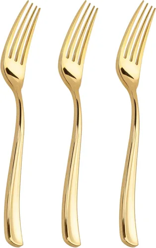 Vista 14 de WDF 100 tenedores de plástico dorado – Tenedores resistentes y duraderos desechables de 7.4 pulgadas – Elegantes tenedores dorados para postre