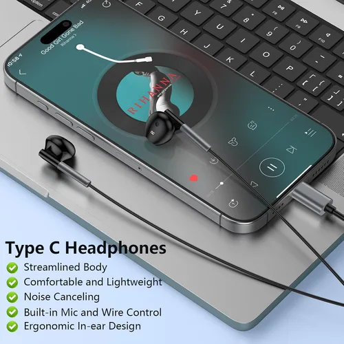 Vista 5 de Auriculares USB C con Cable Earbuds para iPhone 17 Pro Max/Air/16e/16 Pro Max/16 Pro/16 Plus/16/15 Pro Max/15 Pro, Auriculares Tipo C con Cable