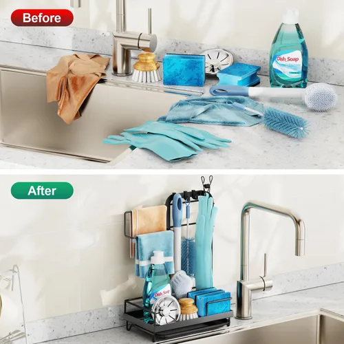 Vista 8 de GSlife Organizador de fregadero de cocina, soporte grande todo en uno con toallero, organizador de encimera resistente a la corrosión con bandeja